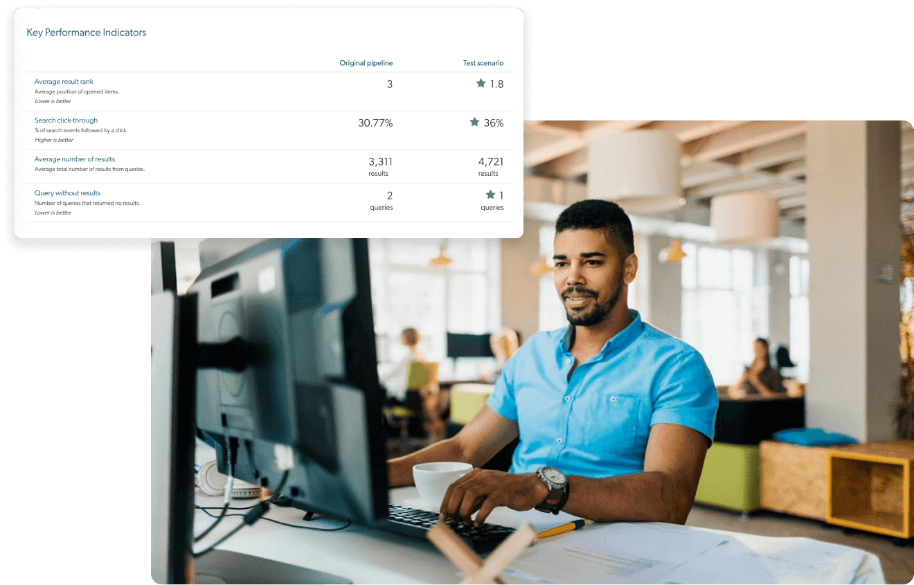 A man is looking into enterprise site search metrics for user traffic and their search journey.