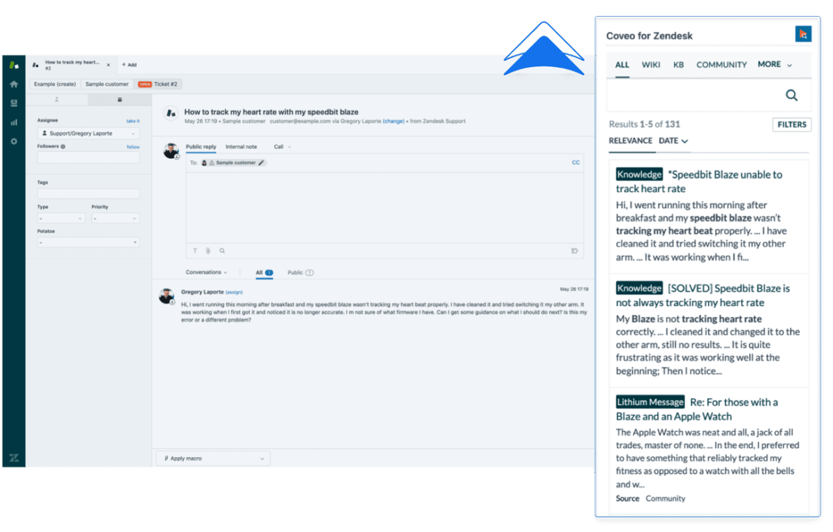 A screenshot featuring Zendesk search by Coveo