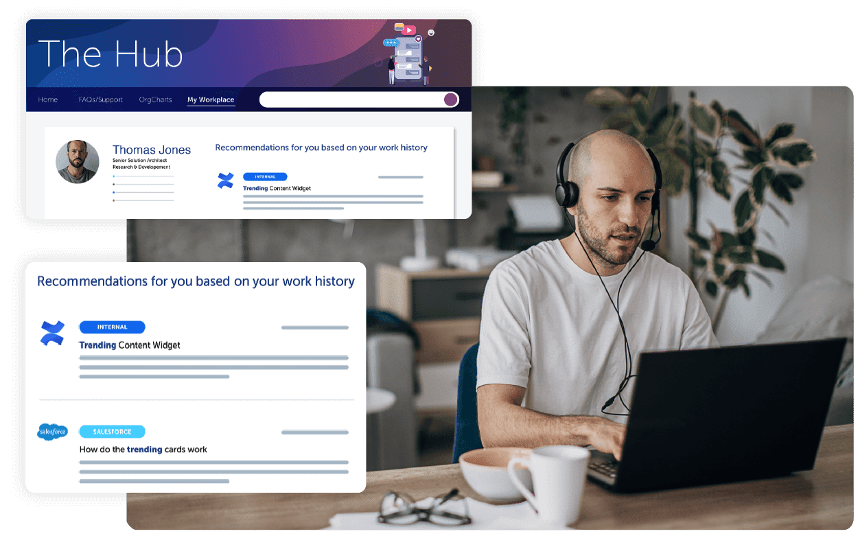 Employee is accessing workplace search on his laptop and a screenshot of digital workplace solution portals.