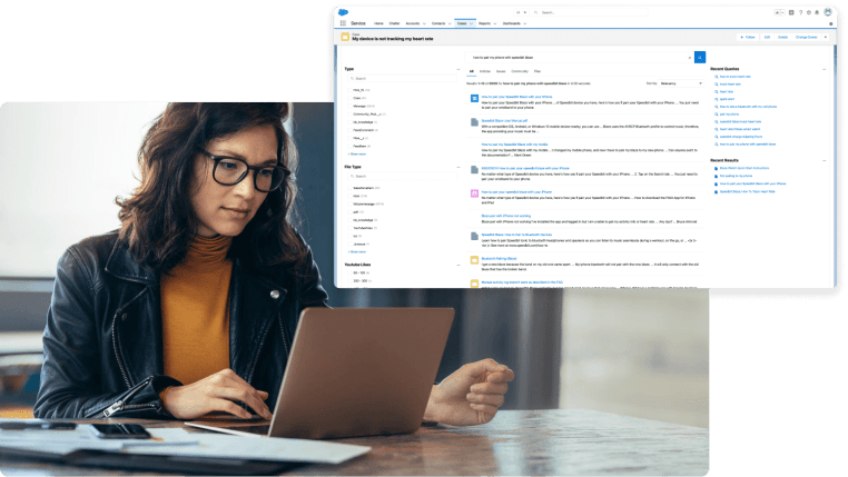 Woman working on her laptop quickly access content. Screenshot of an ai agent assist search.