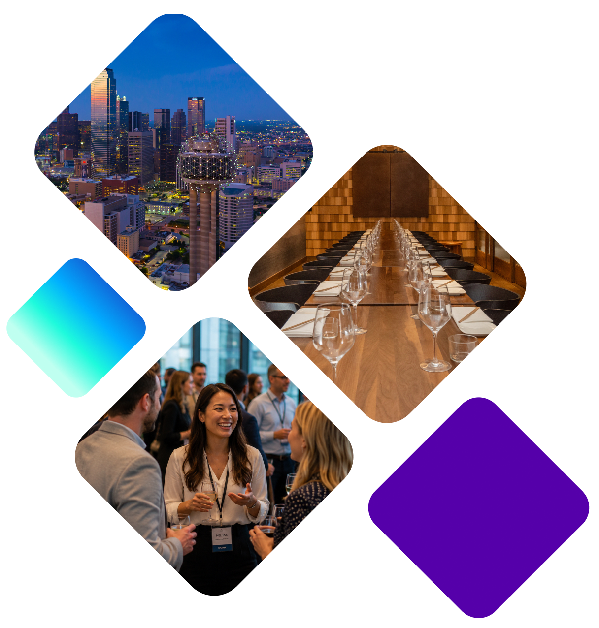 Collage featuring Dallas skyline, private dining table, and networking event guests.