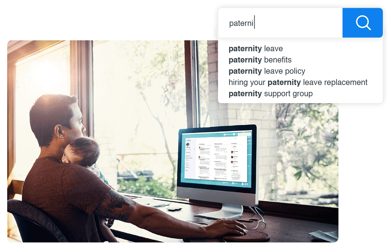 An employee with his baby accessing the Knowledge management portal