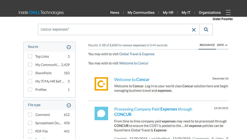 Screenshot shows the Dell intranet, Inside Dell Technologies
