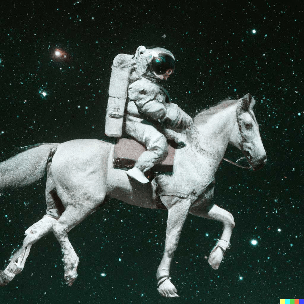 A DALL-E generated image shows an astronaut riding a horse in space