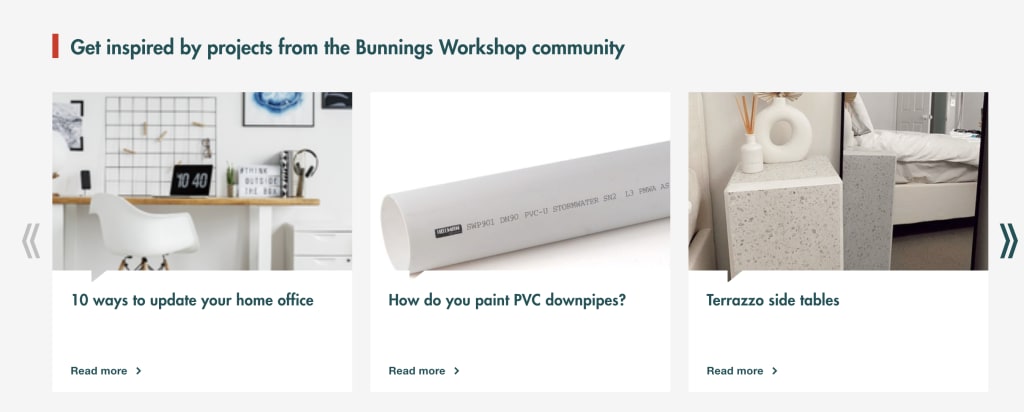 Screenshot depicts additional projects for home improvement inspired by the Bunnings Workshop community
