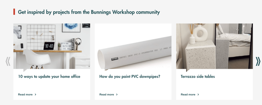 Screenshot depicts additional projects for home improvement inspired by the Bunnings Workshop community
