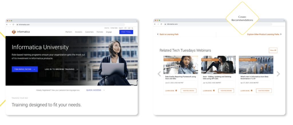 Screenshots depict Informatica’s learning sites with recommendations.