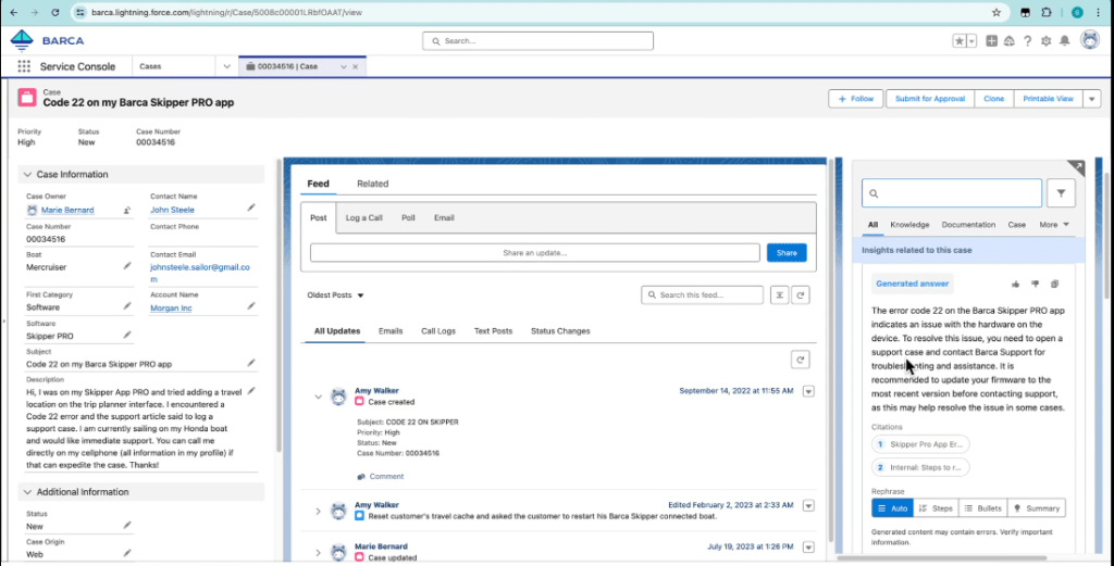 Screenshot shows the insight panel embedded in an agent's flow of work (on the right), with a generated answer at the top