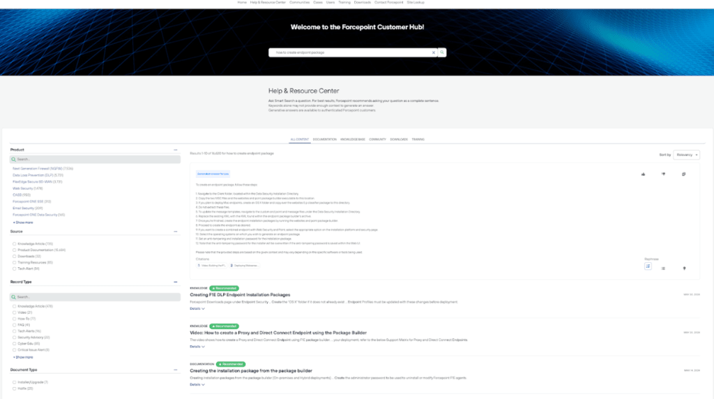 Screenshot shows Forcepoint's customer self-service portal that offers a generated answer