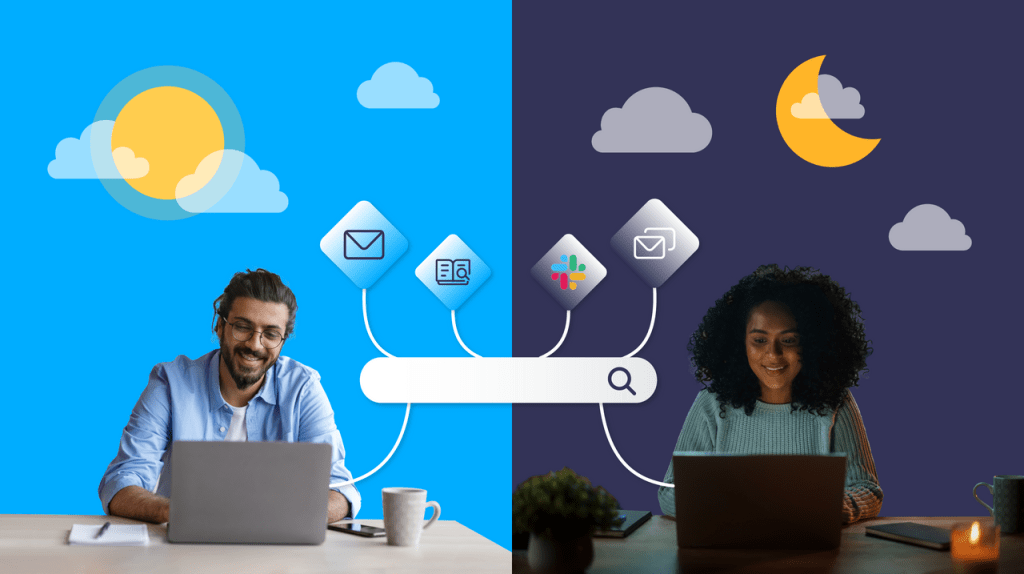 An illustration shows how workers at the same organization don't have to be online at the same time to communicate effectively.