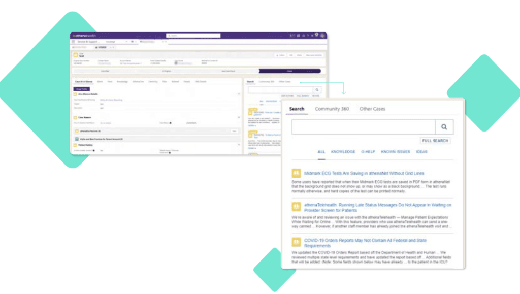 A screenshot shows athenahealth’s embedded Coveo Insight Panel inside Salesforce.