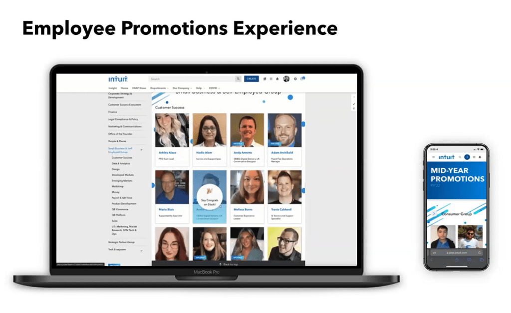 A screenshot shows Intuit’s Employee Promotions Experience.
