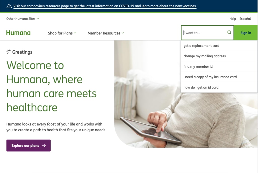 A screen capture of Humana's homepage, with a cursor in the search box and a drop-down of query suggestions