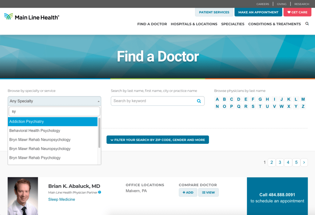 A screen capture of Maine Line Health's search results page, showing query suggestions for the typed query