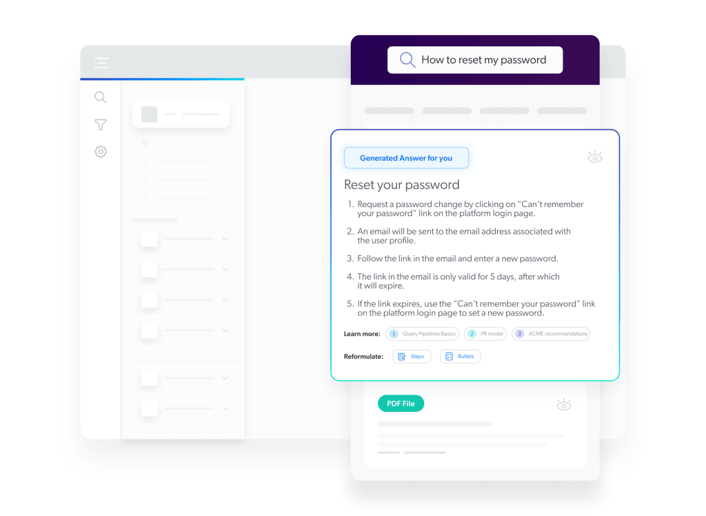 A visual shows how AI-search can be embedded within a SaaS product for B2B customer support.