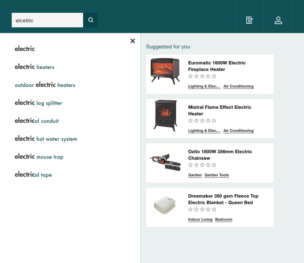 The search box has the word electric - spelled wrong - which is corrected by the search engine and provides the shopper a variety of categories that has the word electric in it.