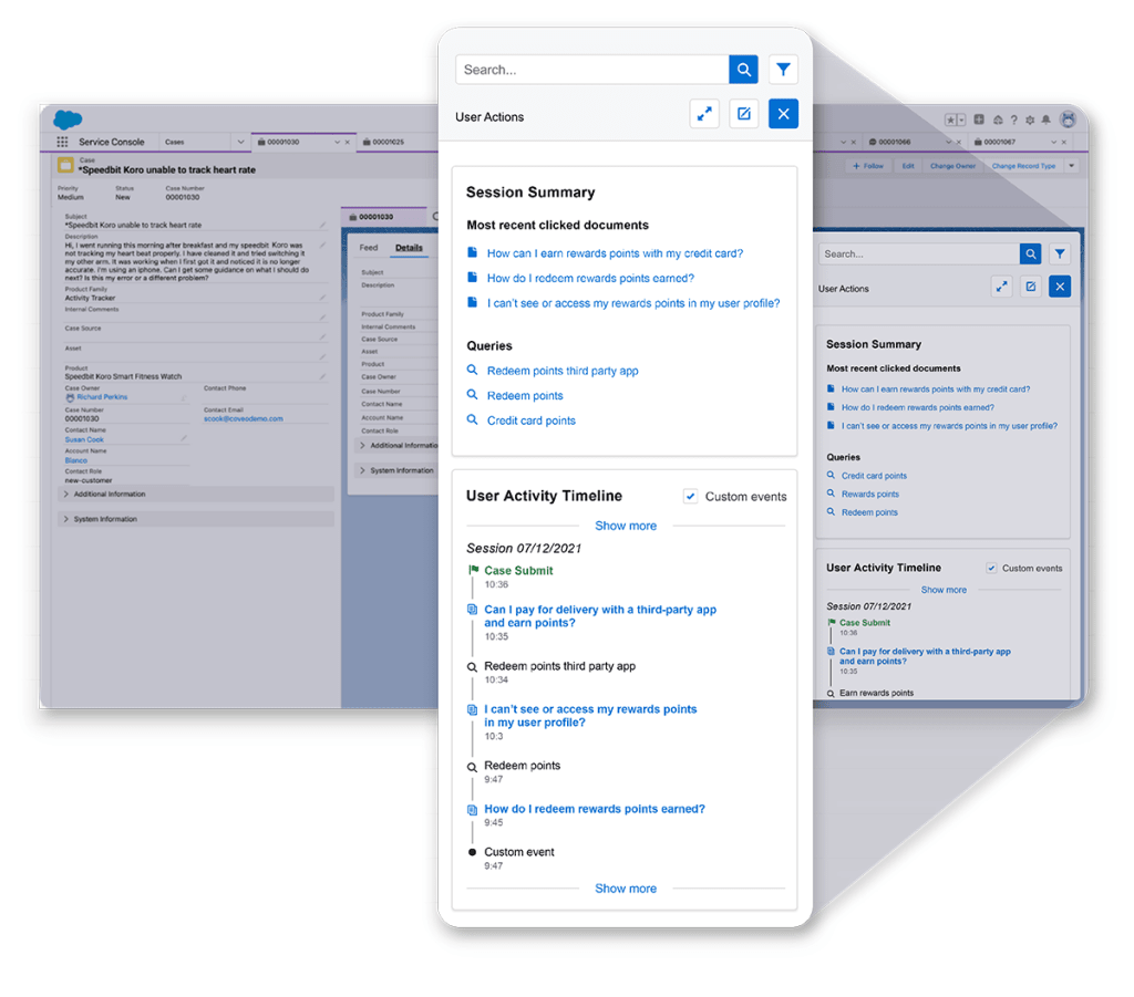 A screenshot shows a Coveo Insight Panel embedded in a customer relationship management platform