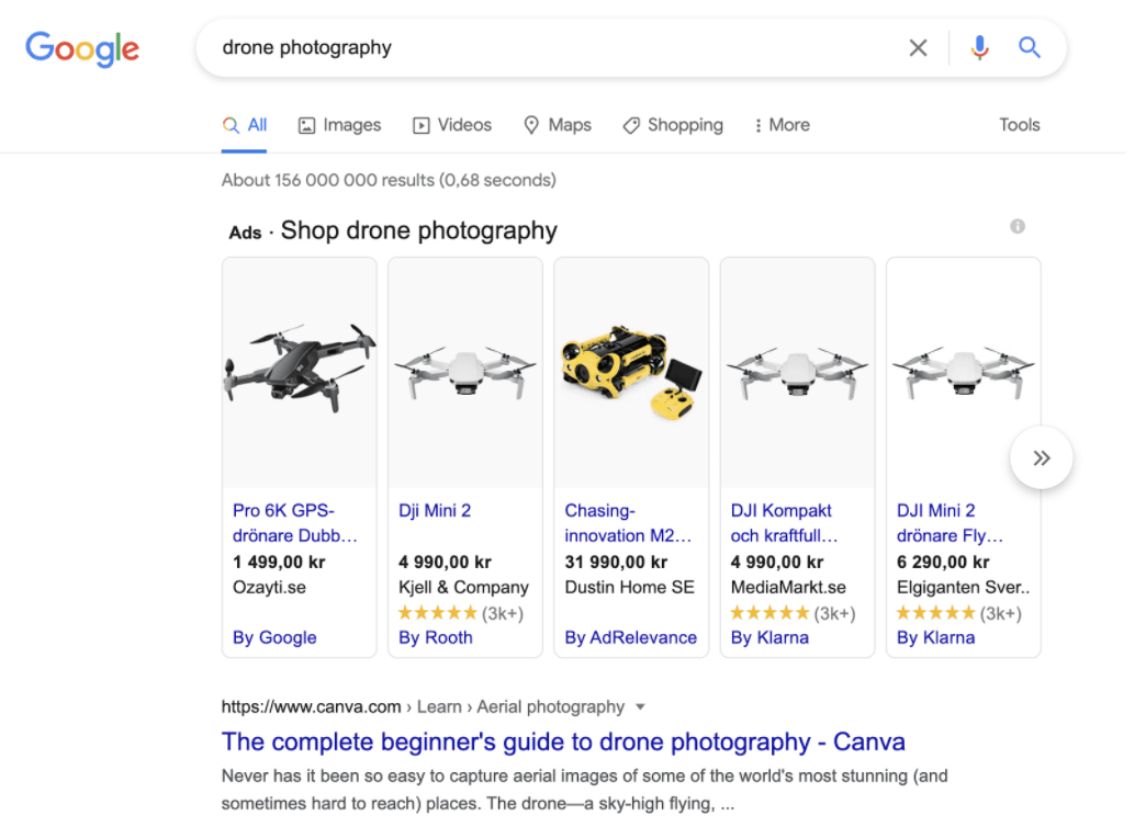 A screenshot shows a SERP displaying results for 'drone photography.'