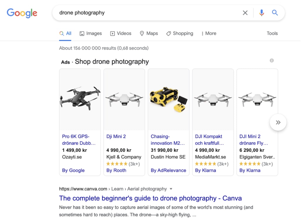 A screenshot shows a SERP displaying results for 'drone photography.'
