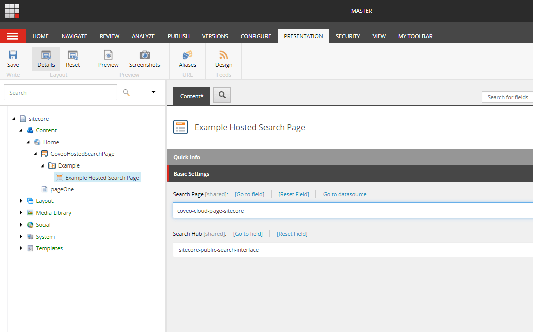 A screen capture shows an example hosted search page within a Sitecore interface