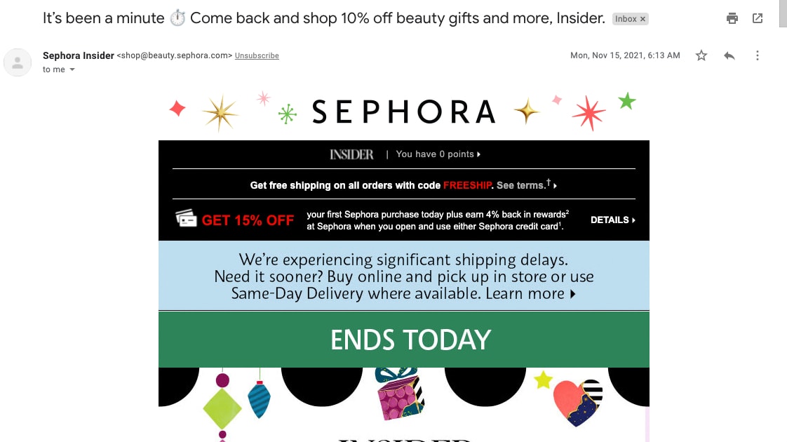 Ecommerce personalization example: Sephora, new customers with special deal