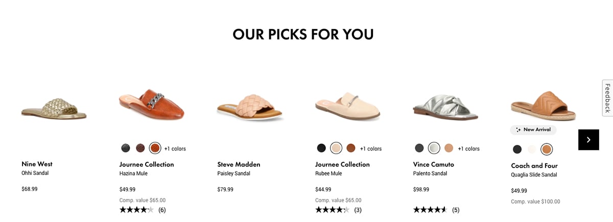 Ecommerce personalization example: DSW using behavioral data to power product recommendations Example of how DSW serves up product recommendations