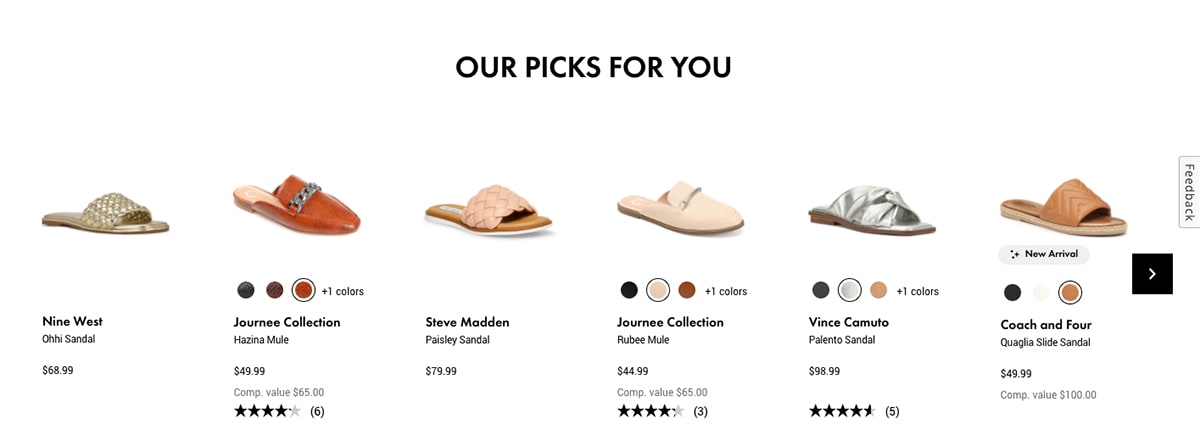 Example of how DSW serves up product recommendations
