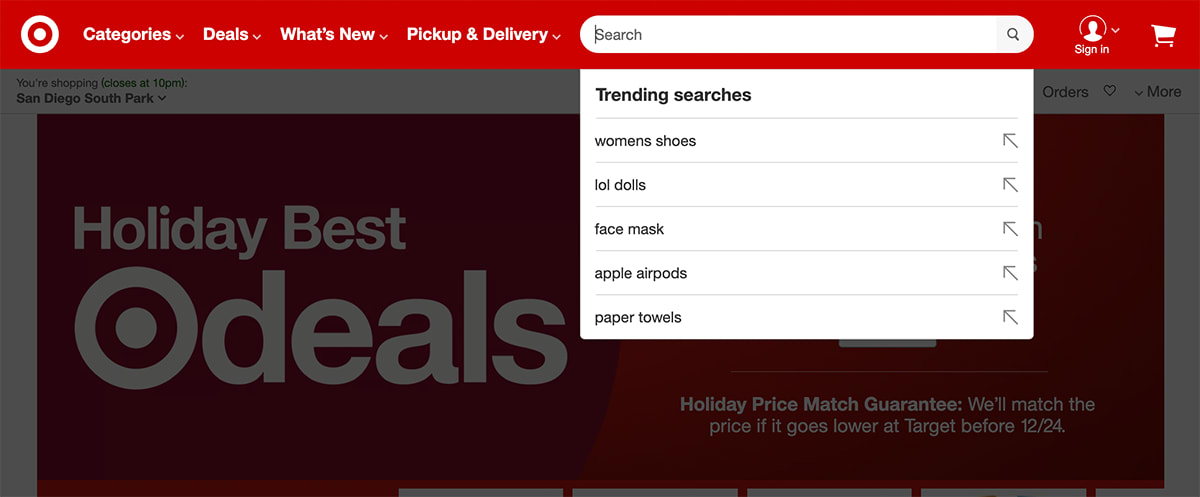 A screenshot shows how Target provides trending searches before a user has even entered a query in the search box