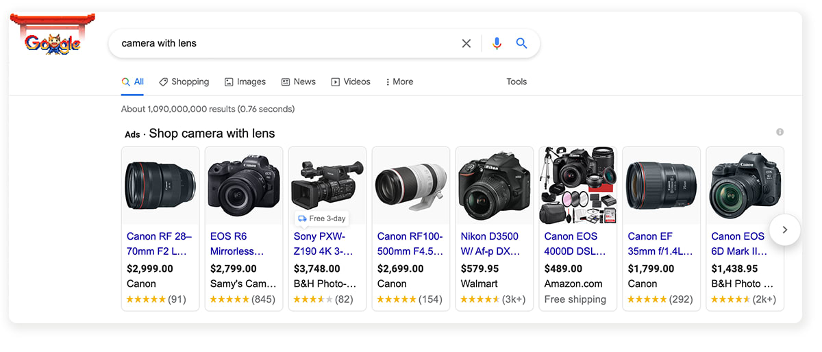 A screen capture shows that Google understands word placement and usage in a phrase, showing lens for camera and camera with lens as examples