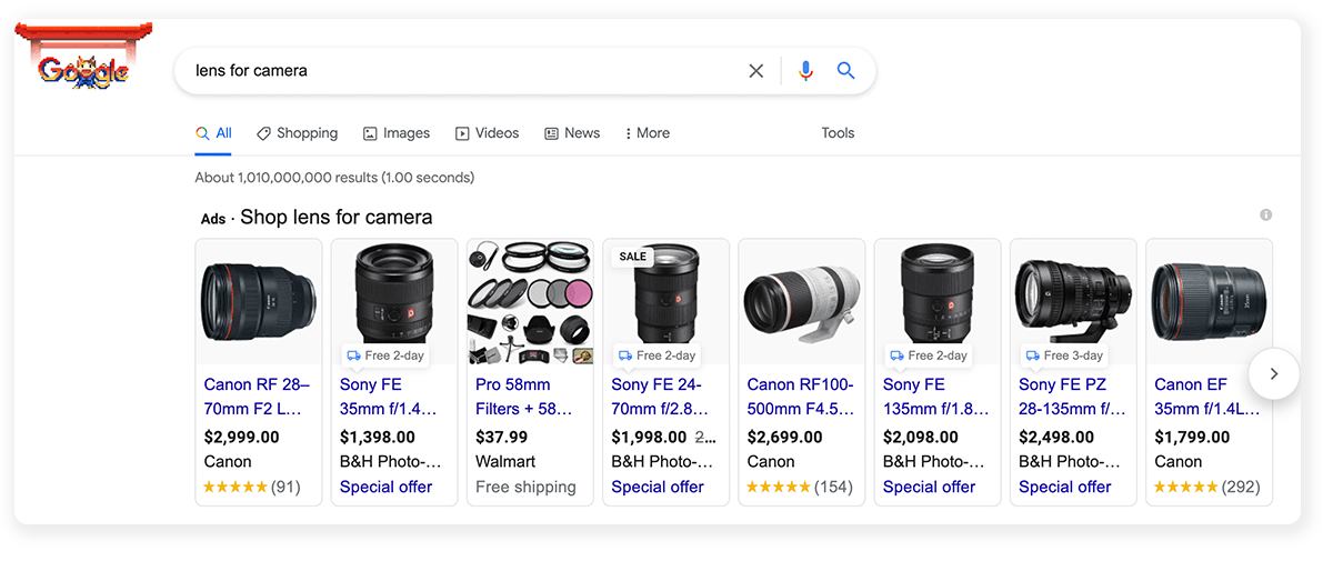 A screen capture shows that Google understands word placement and usage in a phrase, showing lens for camera and camera with lens as examples