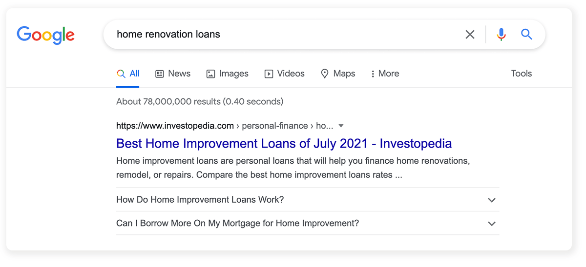 A screen capture shows that Google understands the semantic differences and relationships of terms, using home renovation loans and home improvement loans as examples