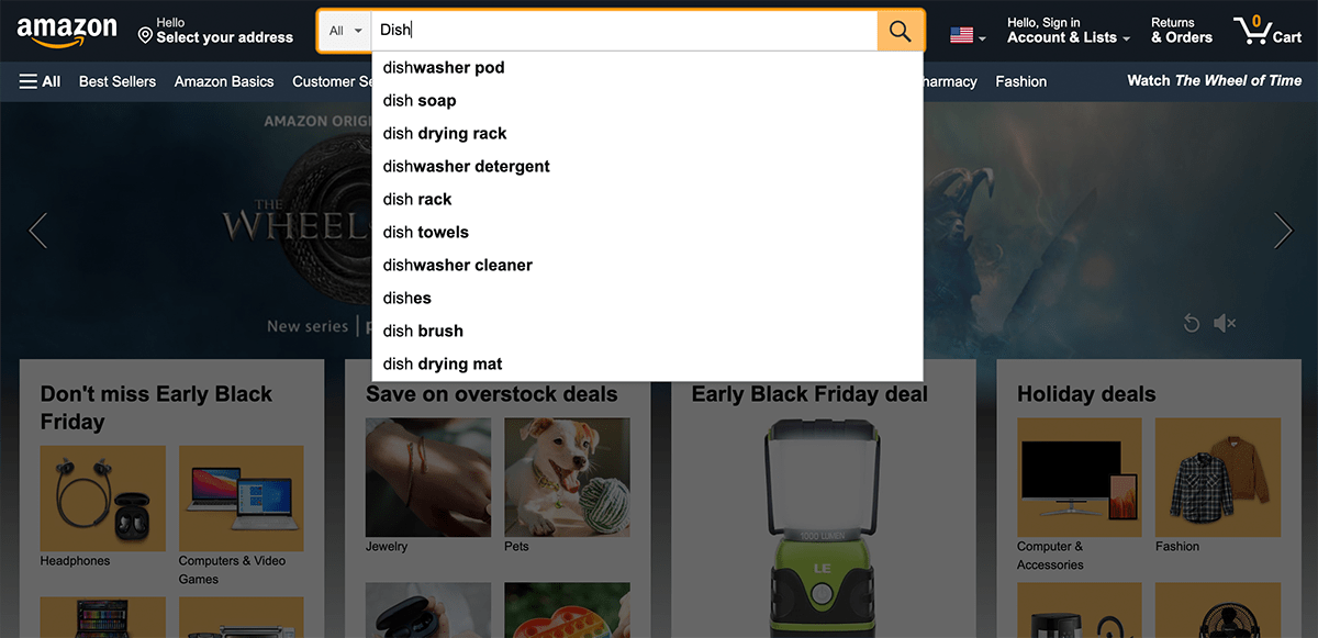 A screenshot shows how Amazon provides type-ahead suggestions in a drop-down