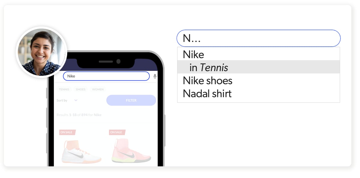 A graphic shows how type-ahead suggestions appear when a searcher inputs the beginning of a query into a search box
