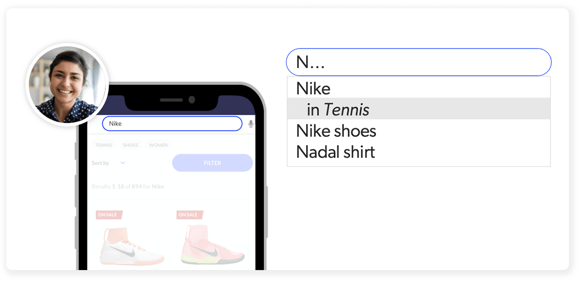 A graphic shows how type-ahead suggestions appear when a searcher inputs the beginning of a query into a search box
