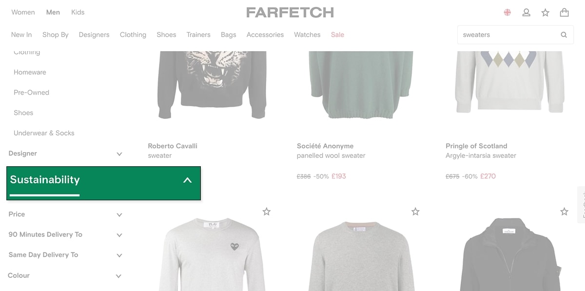 A screenshot of an ecommerce site shows a 'sustainability' product category.