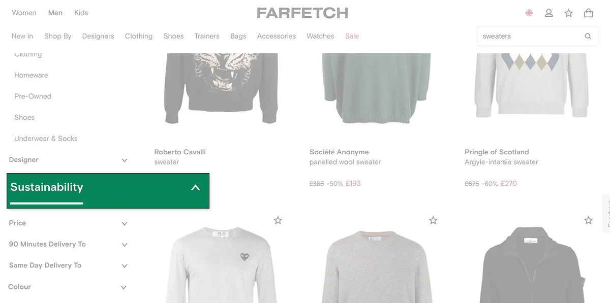 A screenshot of an ecommerce site shows a 'sustainability' product category.