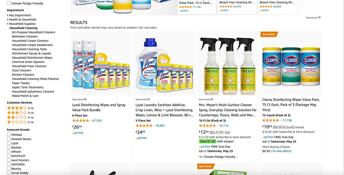An example of how Amazon weaves blend advertisements (sponsored products) into their ecommerce search results.