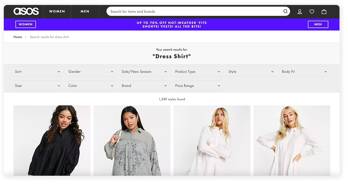 A screen capture shows the same results surfaced for 'dress shirt' as for 'shirt dress'