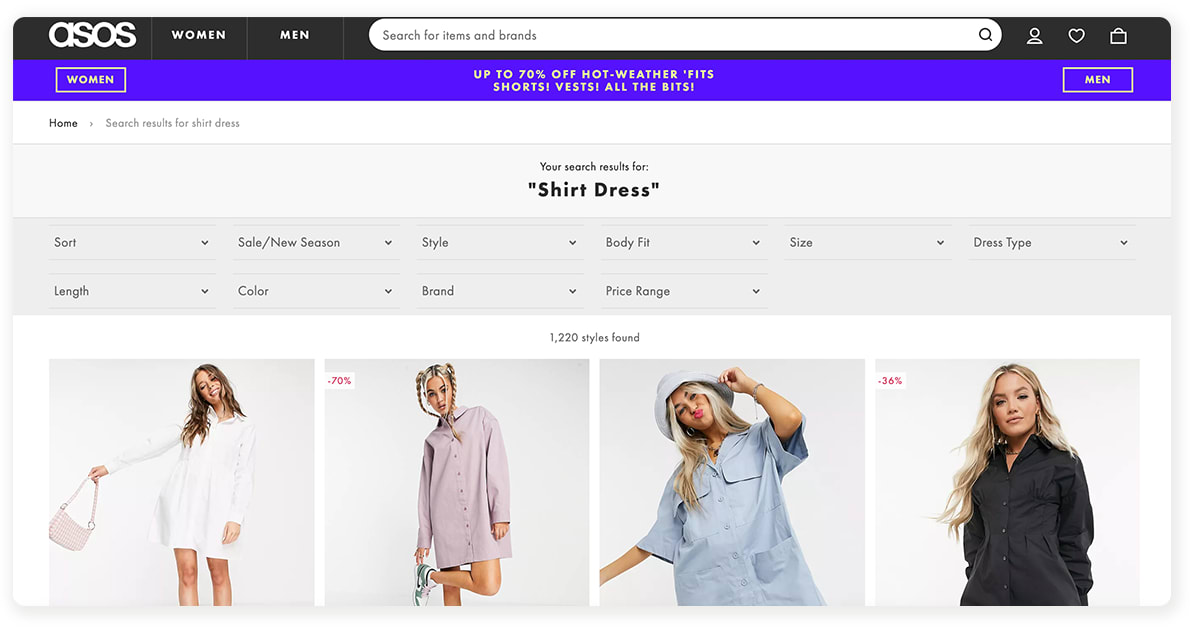 A screen capture shows the results for a search on 'shirt dress'