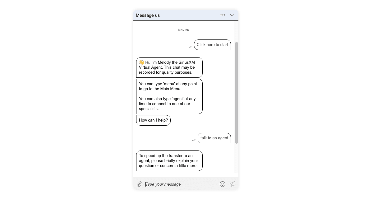 A screenshot shows a customer service chatbot interaction