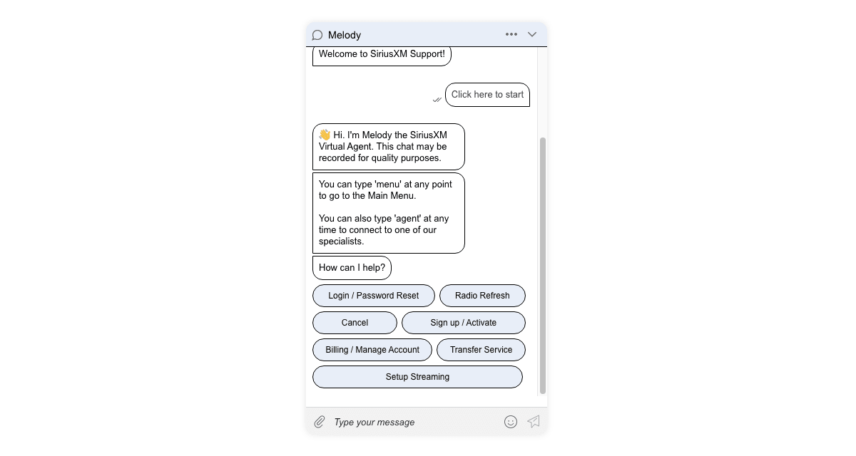 A screenshot shows a customer service chatbot interaction