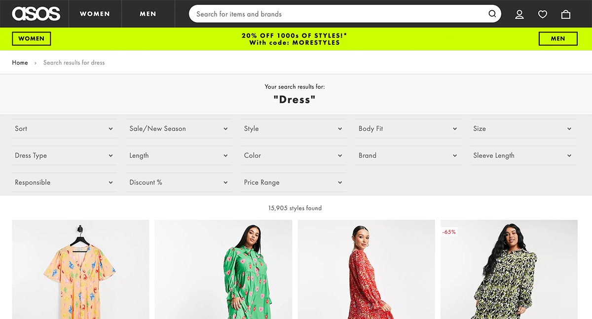 A screenshot shows how ASOS shows a range of facets and filters during a search
