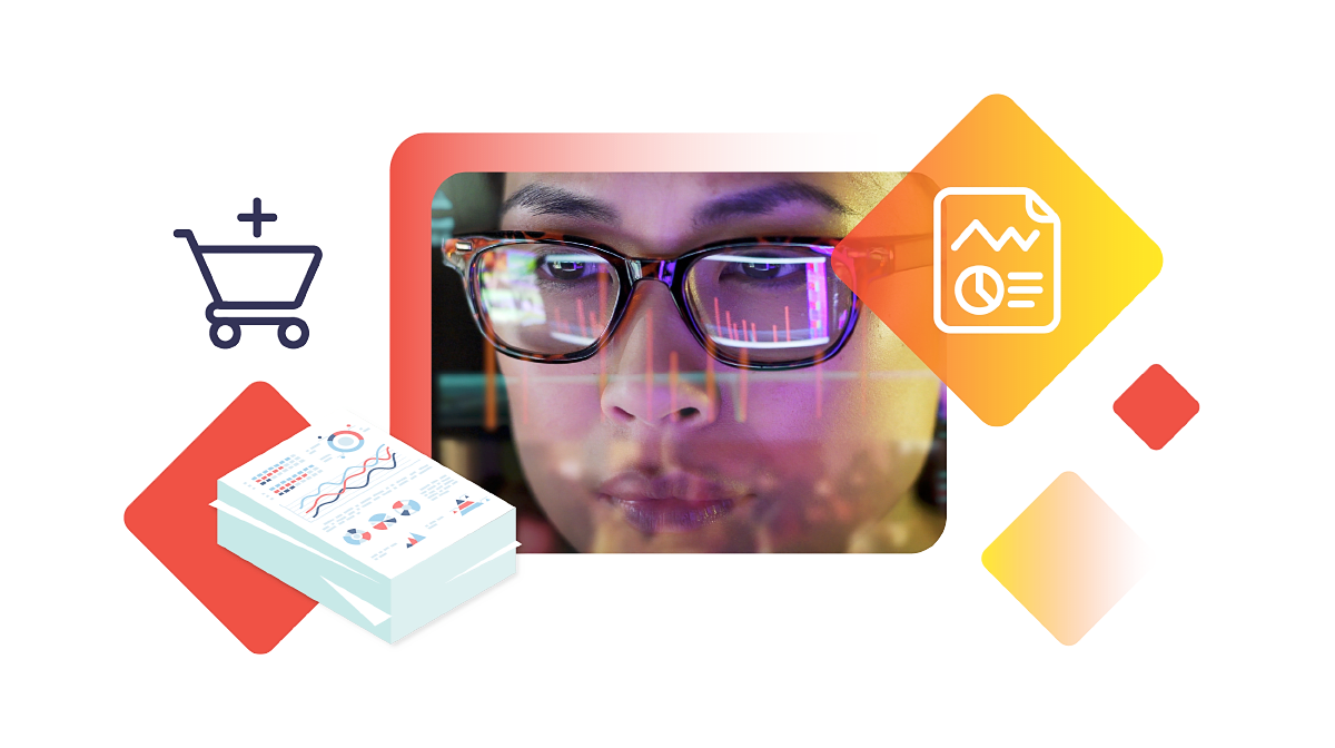 A graphic illustrates a woman looking over research results.