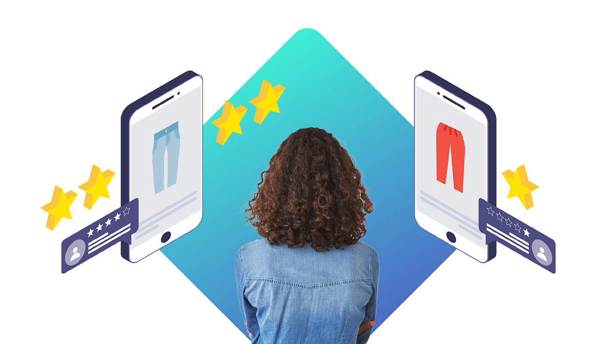 A graphic illustrates a customer choosing between a four star product recommendation and a one star product recommendation.