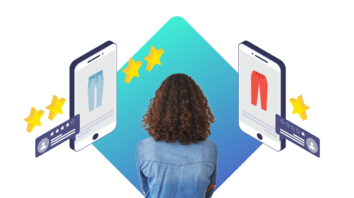A graphic illustrates a customer choosing between a four star product recommendation and a one star product recommendation.