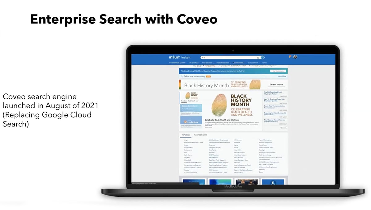 A screenshot shows Intuit’s employee intranet, powered by Coveo.