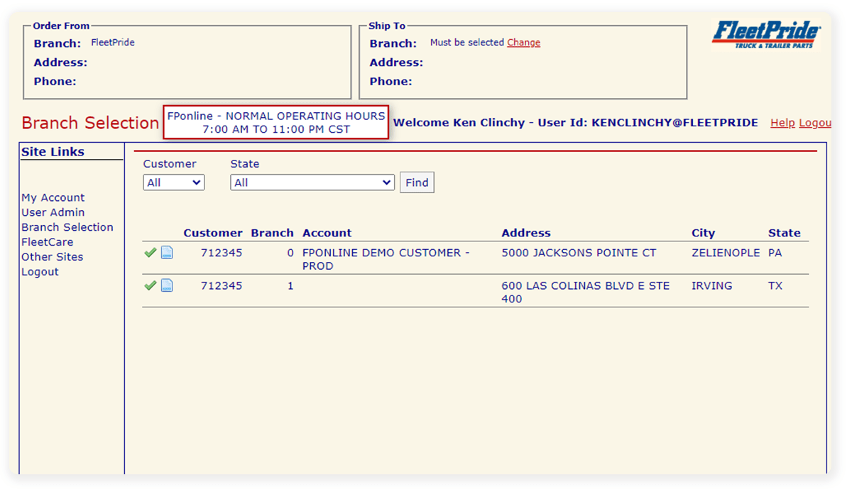 FleetPride's original online ordering platform user interface