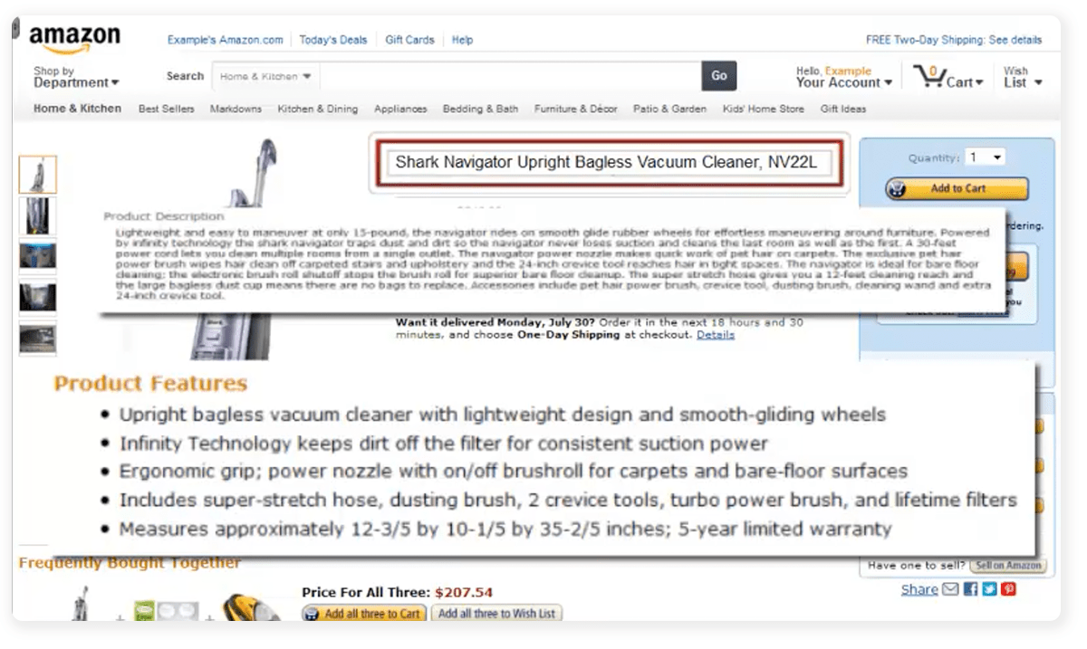 A screenshot shows different aspects of how Amazon standardizes product pages