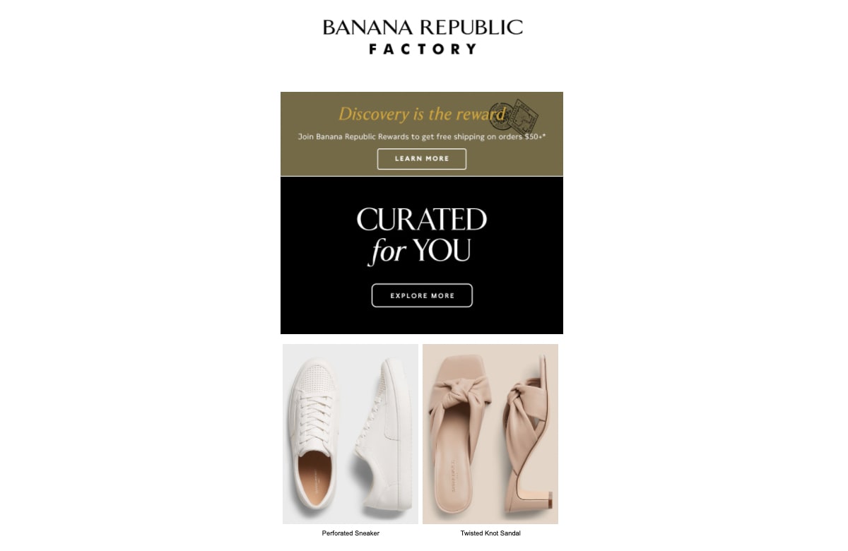 Ecommerce personalization example: Banana Republic, personalized emails with relevant suggestions