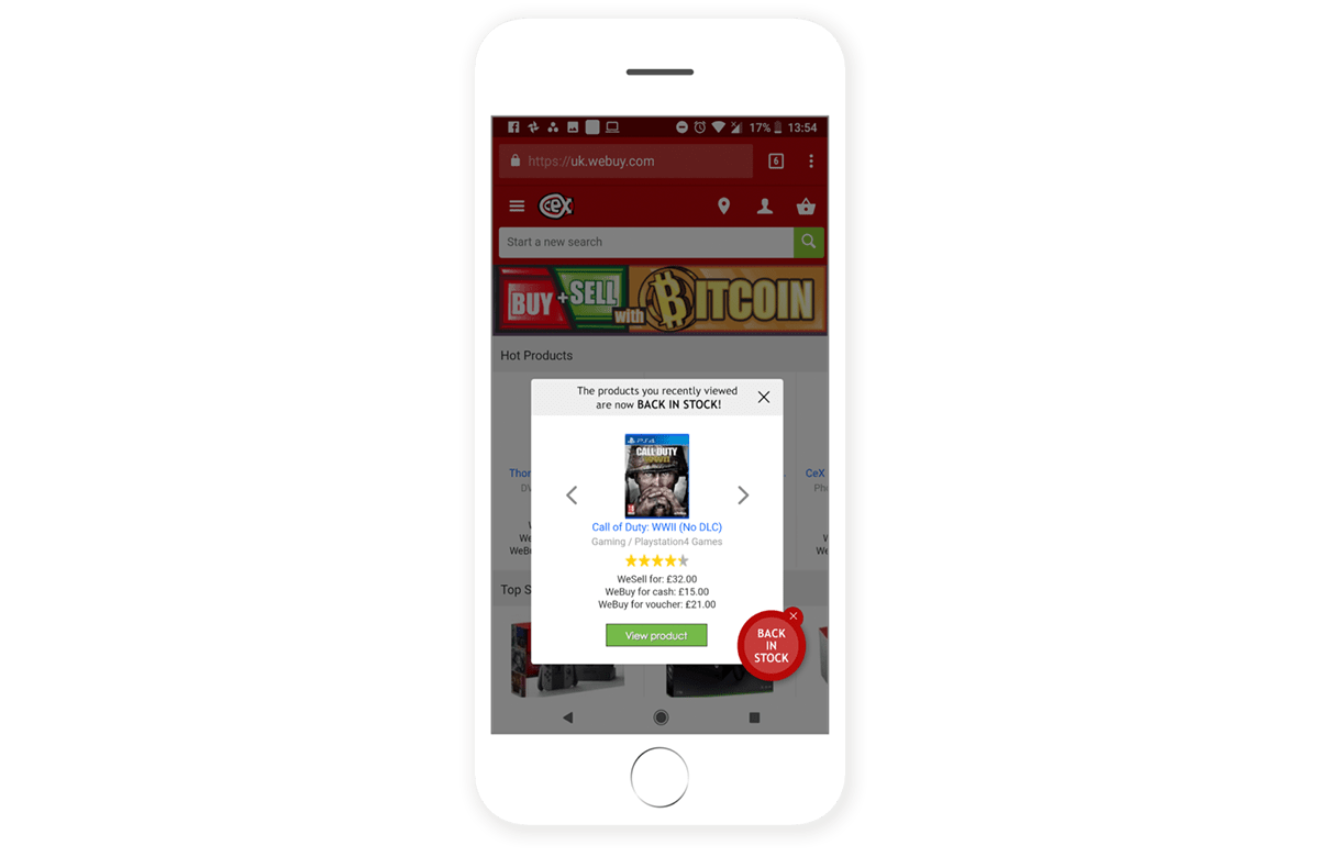 A screencapture of a mobile phone shows a Call of Duty game shown as back in stock